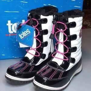 Totes Kids Black White Fur Lined Waterproof Winter Snow Boots Sz 12 / #2602